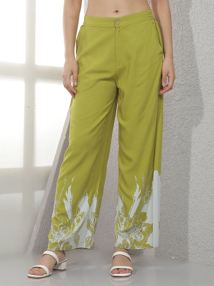 Green Floral Print Casual Trousers