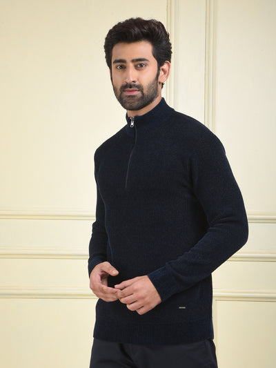 Blue Jacquard High Neck Sweater