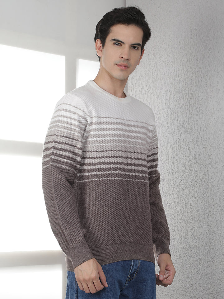 Brown Horizontal Stripes Round Neck Sweater