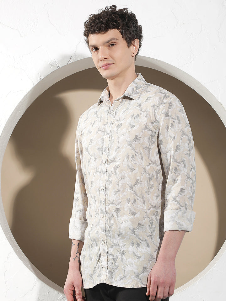 Beige Floral Print Linen Shirt
