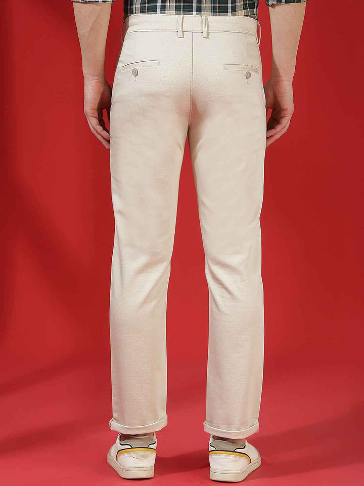 Beige 100% Cotton Geometric Print Straight Trousers