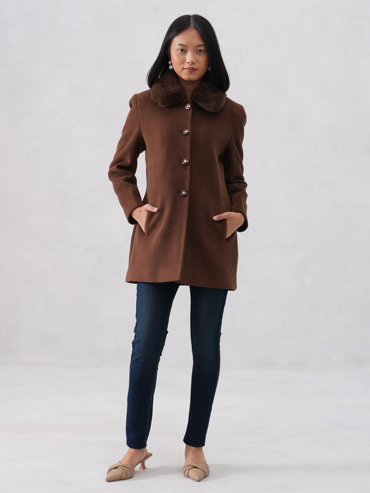 Faux Fur Collar Brown Coat