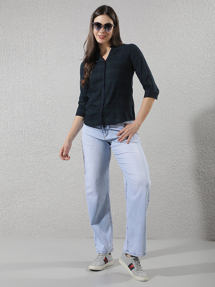 Green Checked V-Neck Shirt