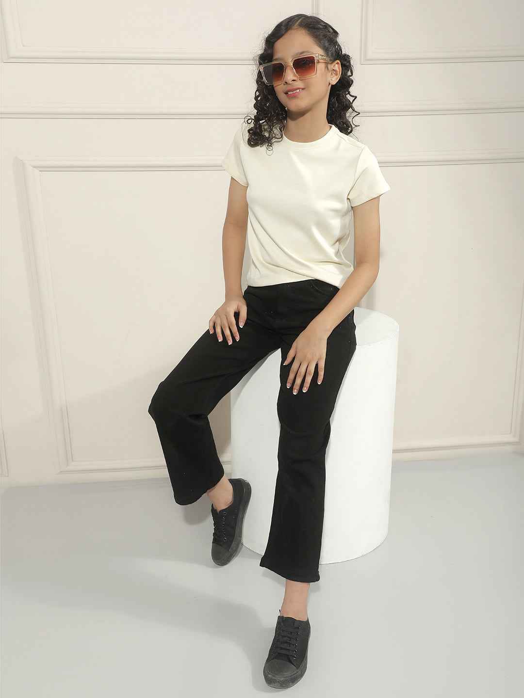 Cream Cropped Casual T-Shirt