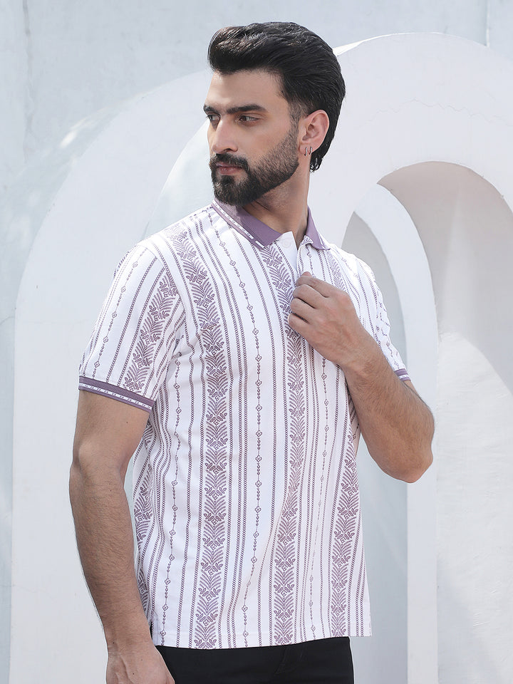 Purple Botanical Print Polo Neck T-Shirt
