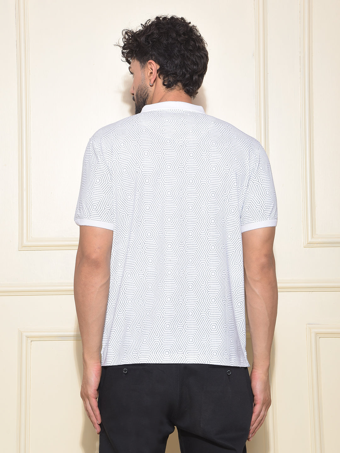 White Printed Polo-Neck T-Shirt