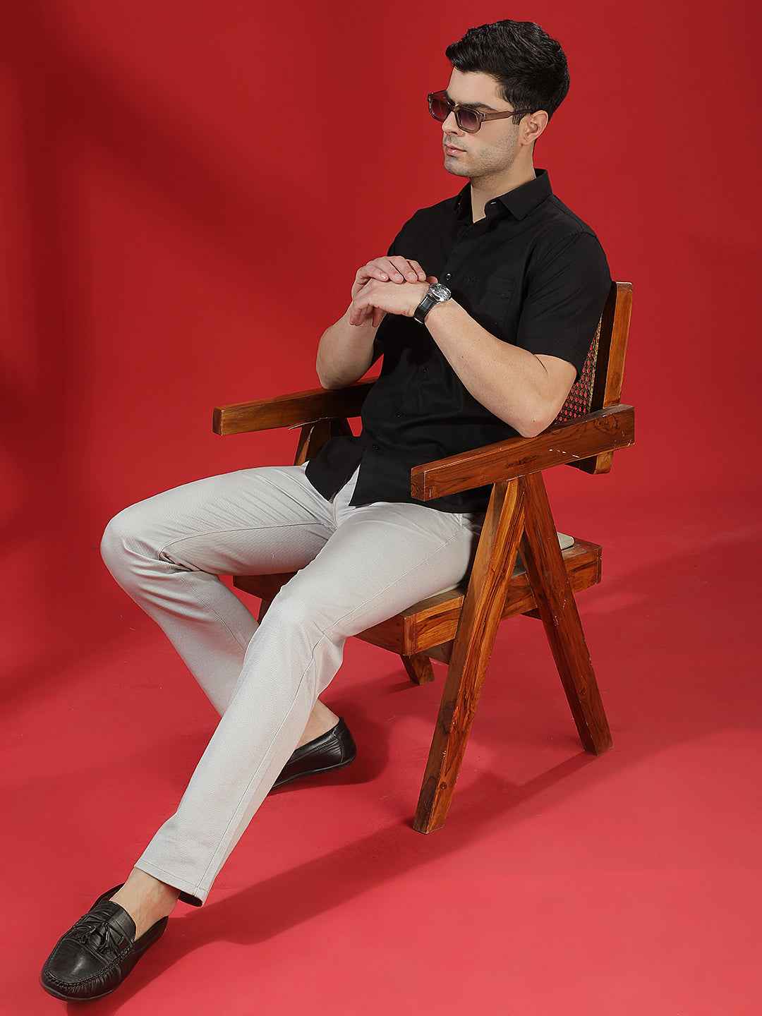 Grey 100% Cotton Geometric Print Straight Trousers