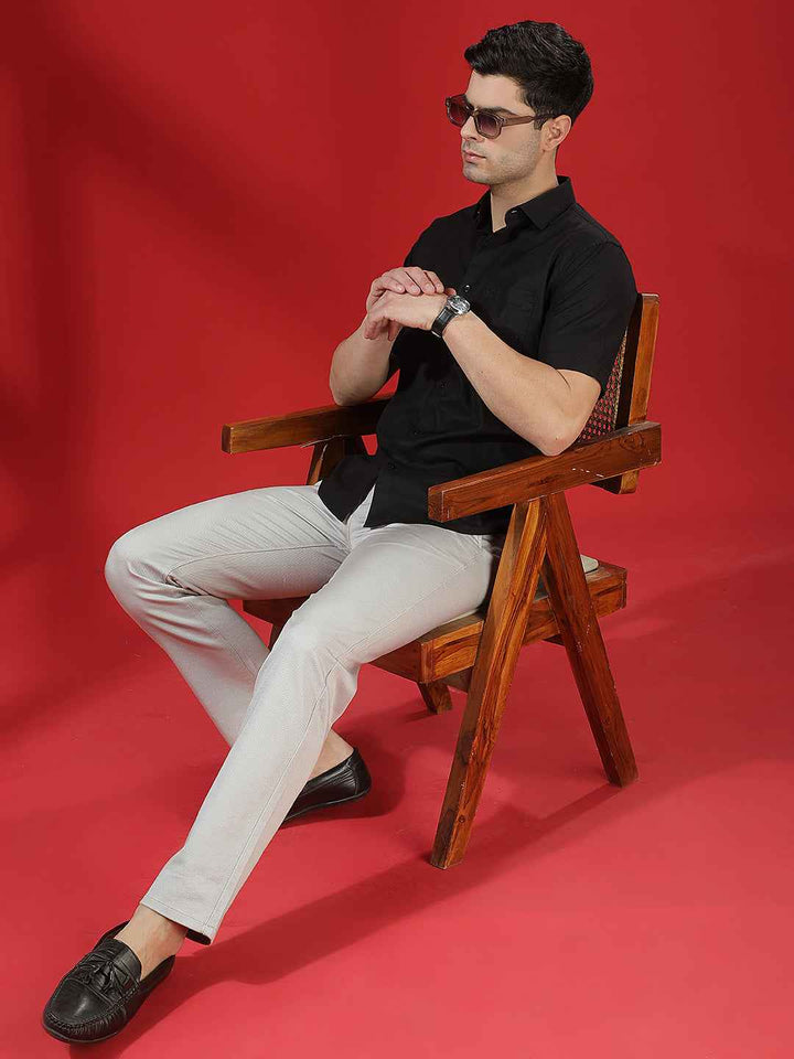 Grey 100% Cotton Geometric Print Straight Trousers