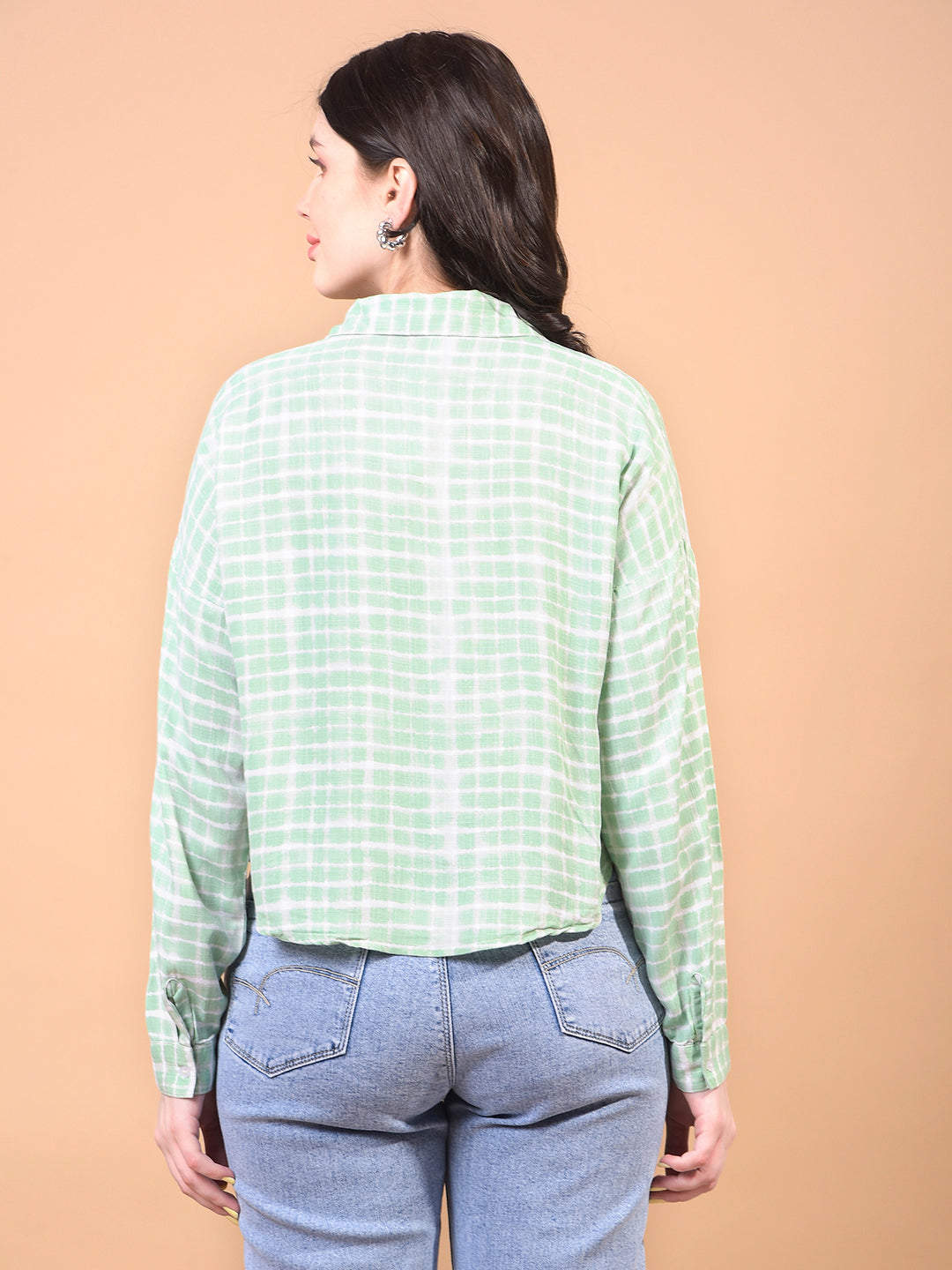 Women's Green Printed V-Neck Cropped Shirt-Women Shirts-Crimsoune Club