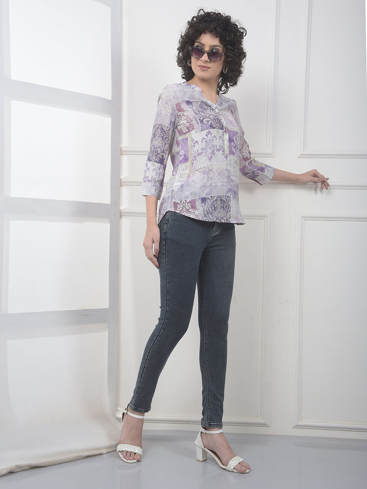 Purple Floral Print V-Neck Top