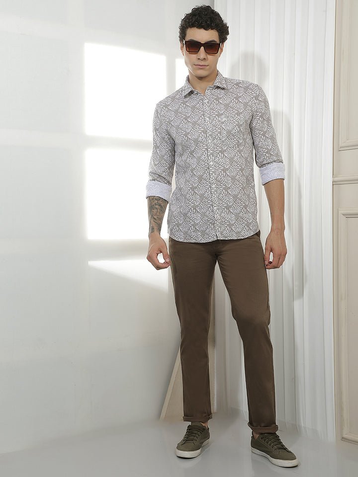 Tan Botanical Print 100% Cotton Shirt