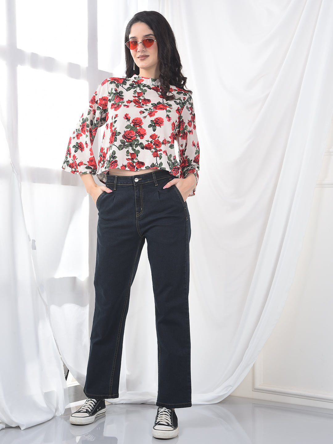 Green Floral Print Cropped Top