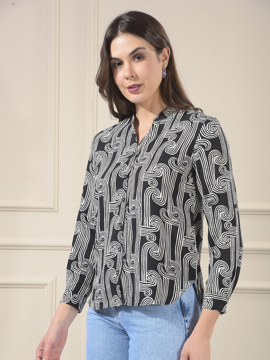 Black Printed V-Neck Shirt