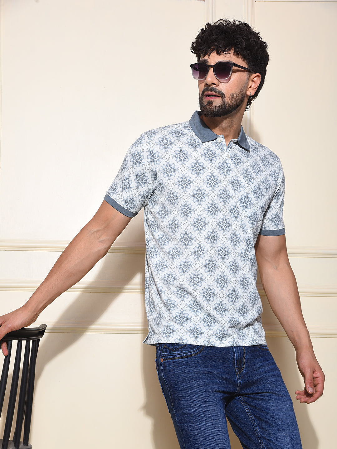 Blue Printed Polo-Neck T-Shirt
