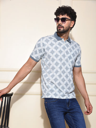 Blue Printed Polo-Neck T-Shirt