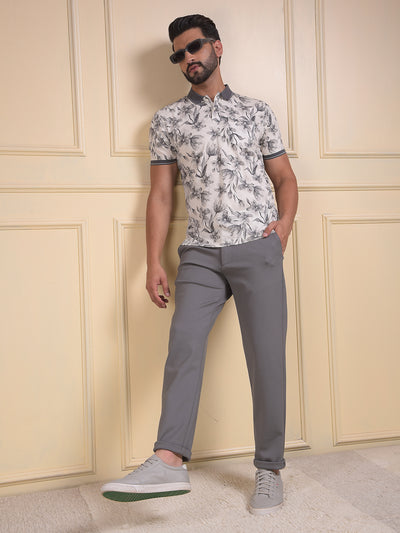 Grey Floral Print Polo Neck T-Shirt
