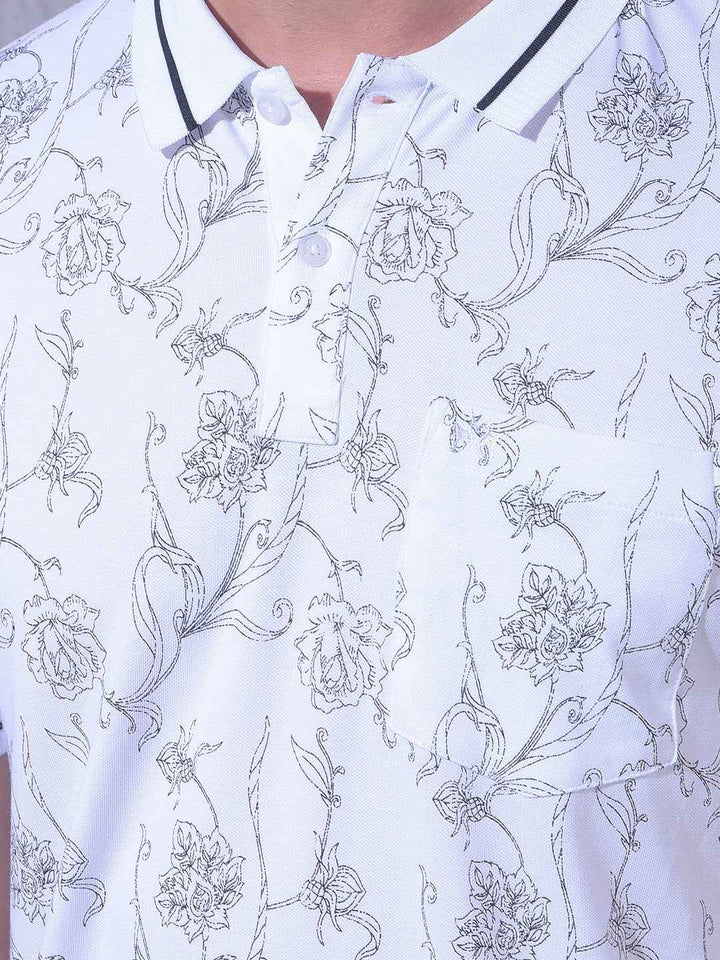 White Floral Print Polo Neck T-Shirt
