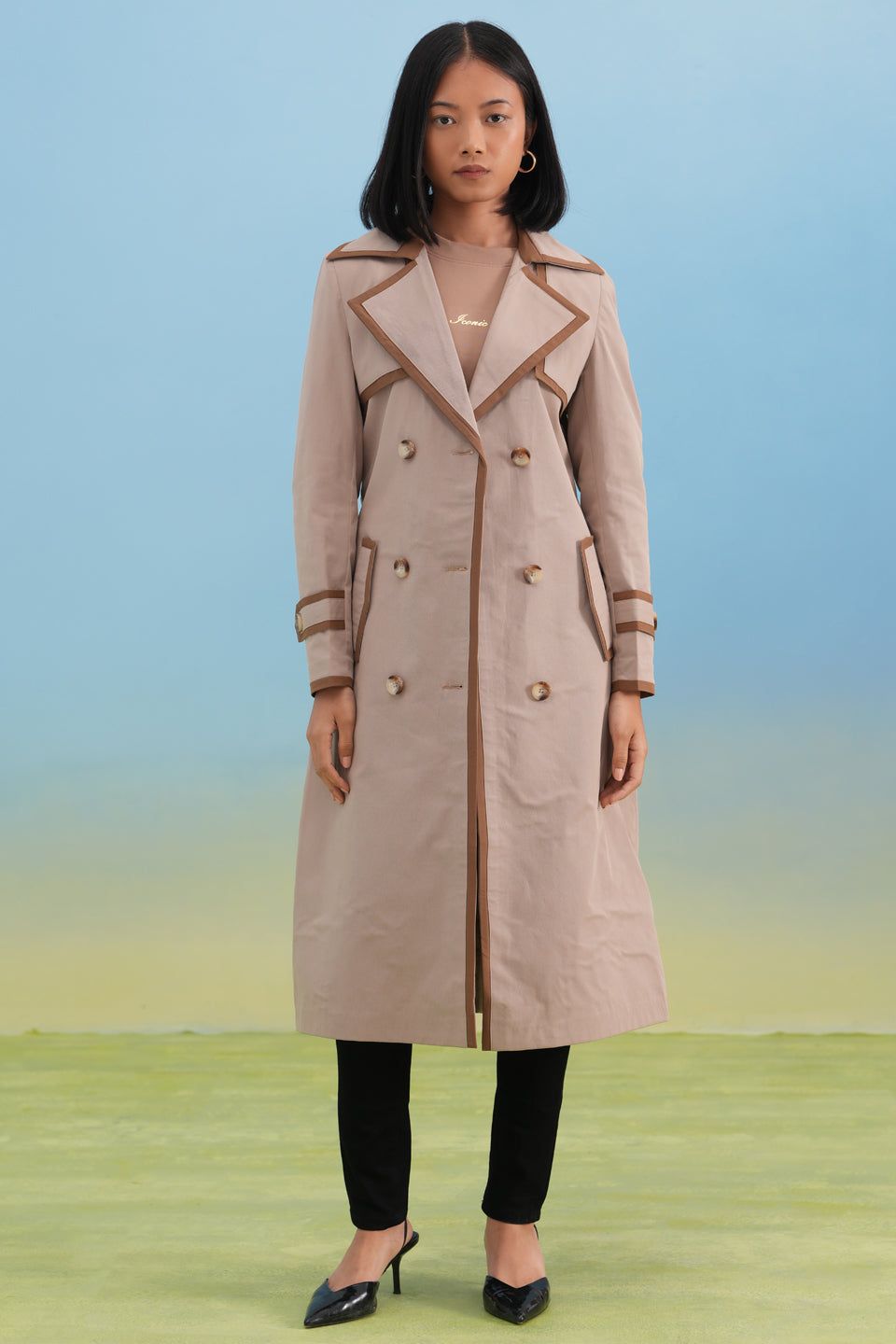 Contrast Trim Beige Belted Over-Coat