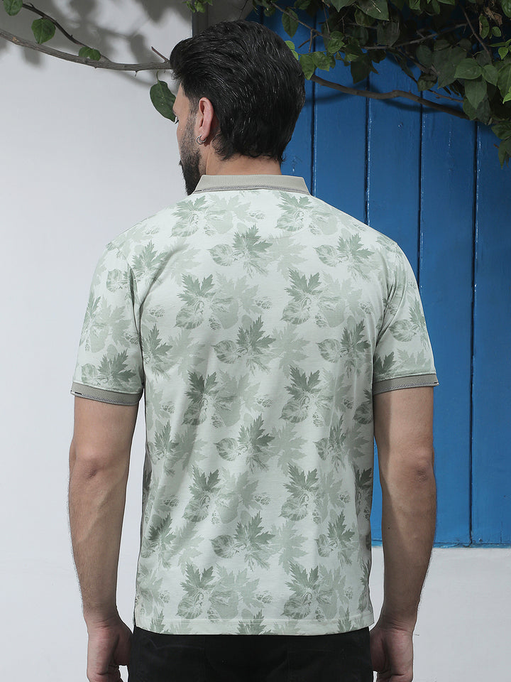 Green Floral Print Polo Neck T-Shirt