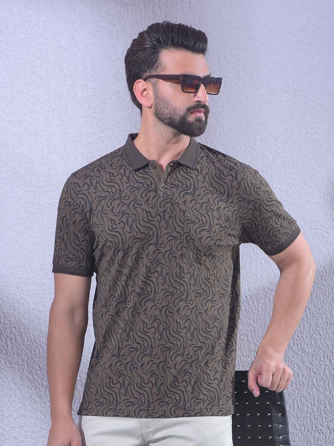 Brown Abstract Print Polo Neck T-Shirt