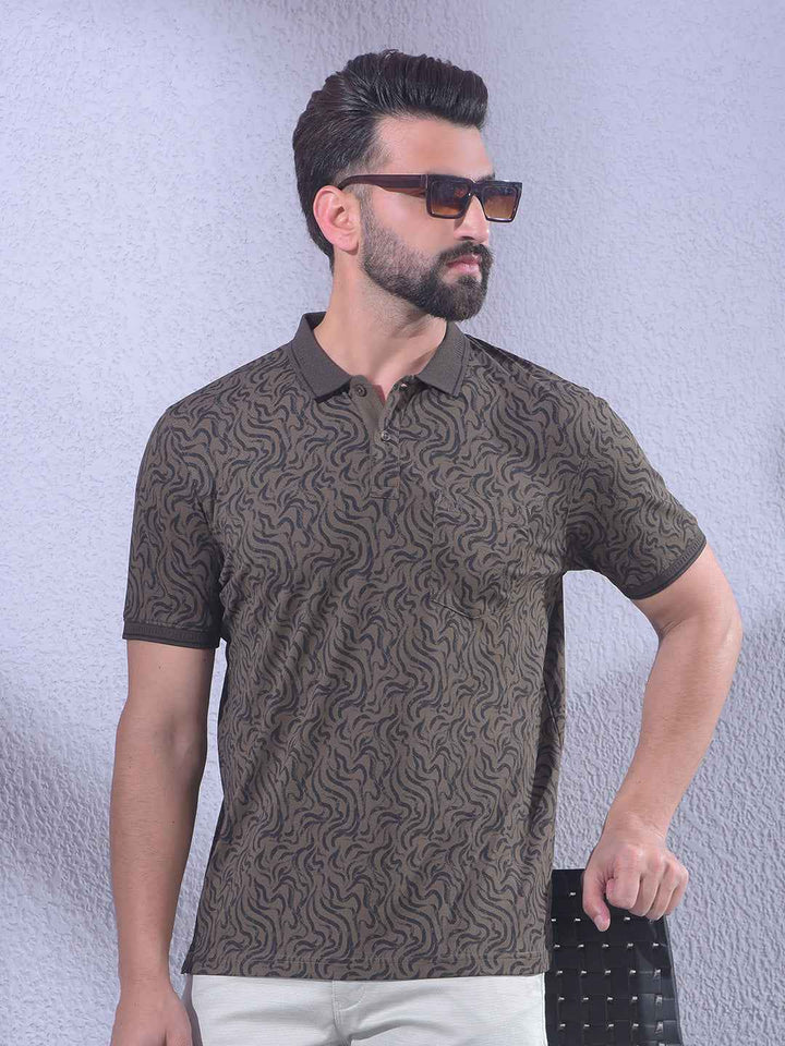 Brown Abstract Print Polo Neck T-Shirt