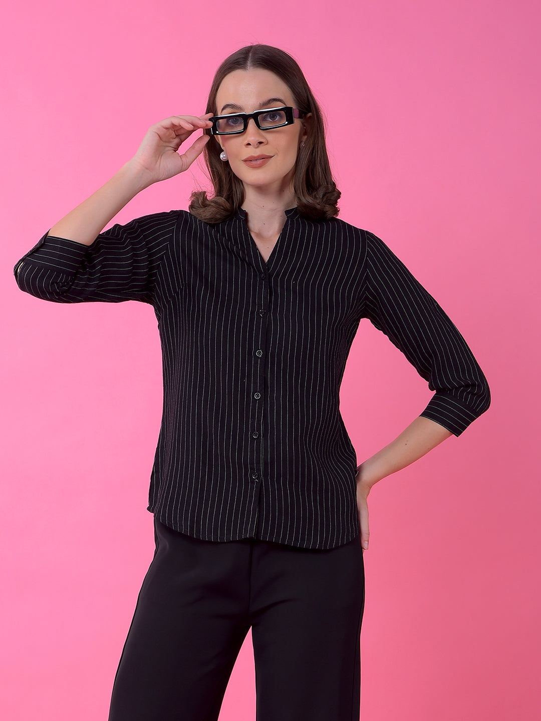 Black Vertical Stripes V-Neck Shirt