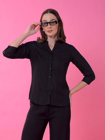 Black Vertical Stripes V-Neck Shirt