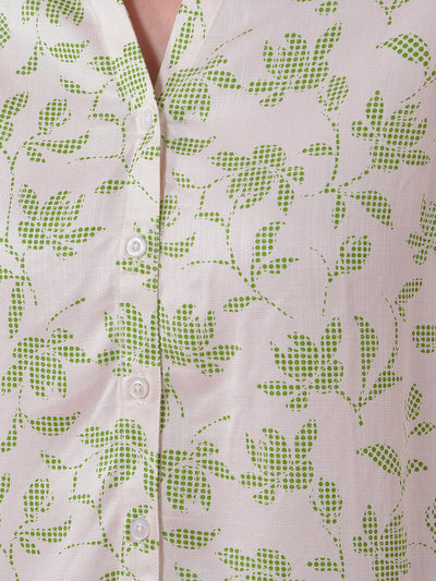 Green Floral Print V-Neck Shirt