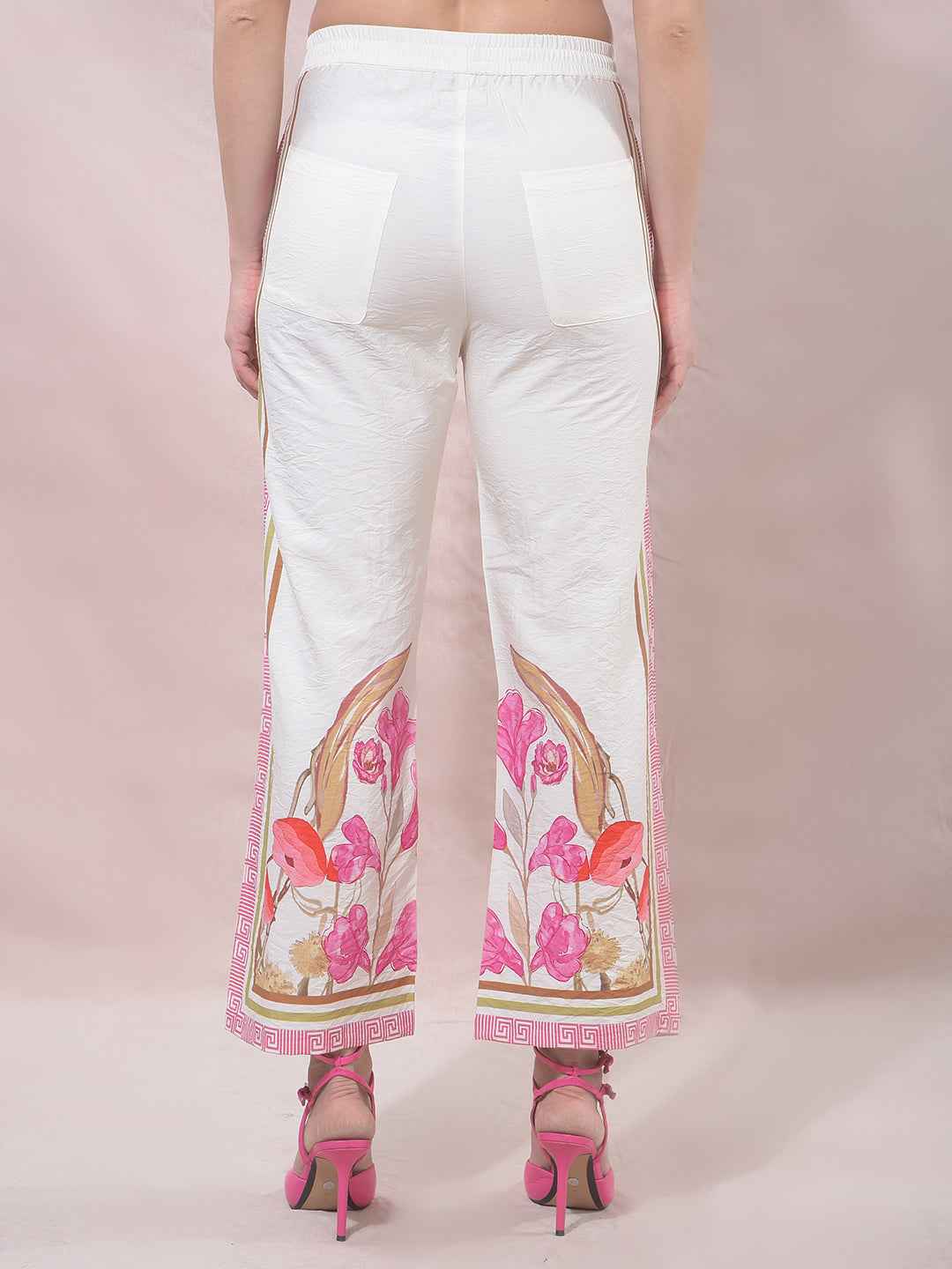 Off White Floral Print Casual Trousers