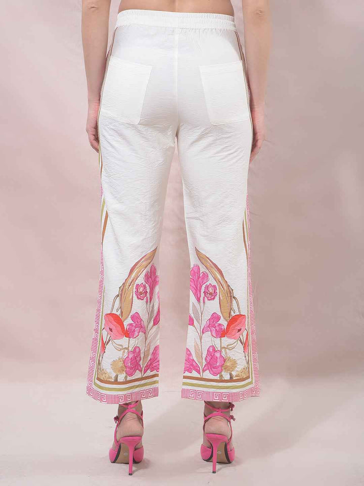 Off White Floral Print Casual Trousers