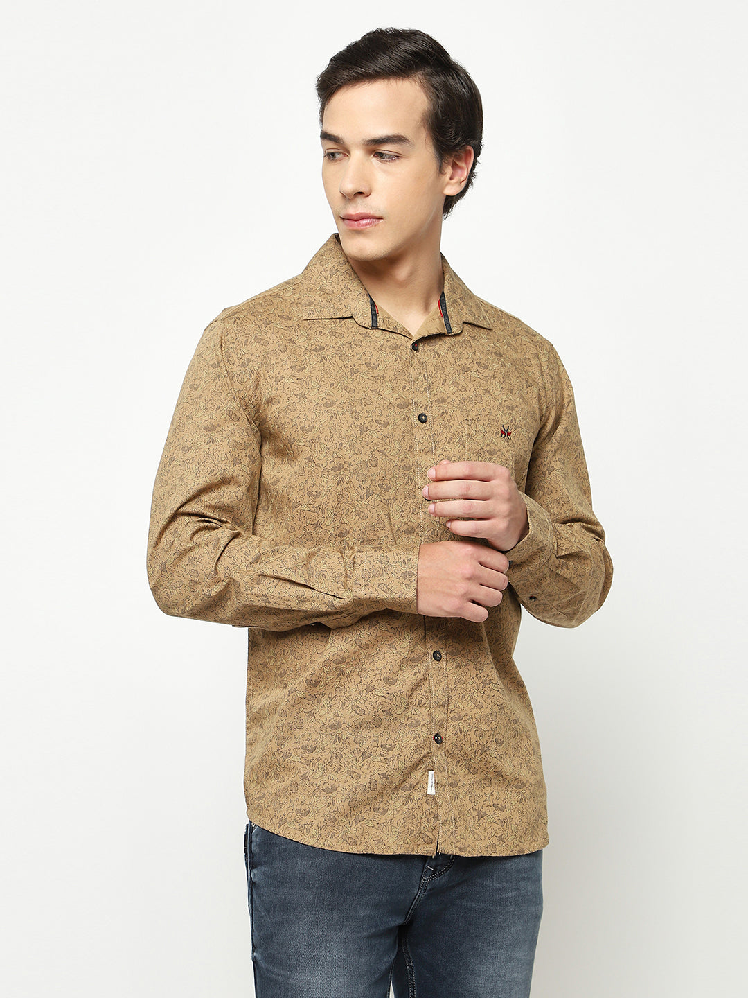 Brown Floral Print 100% Cotton Shirt