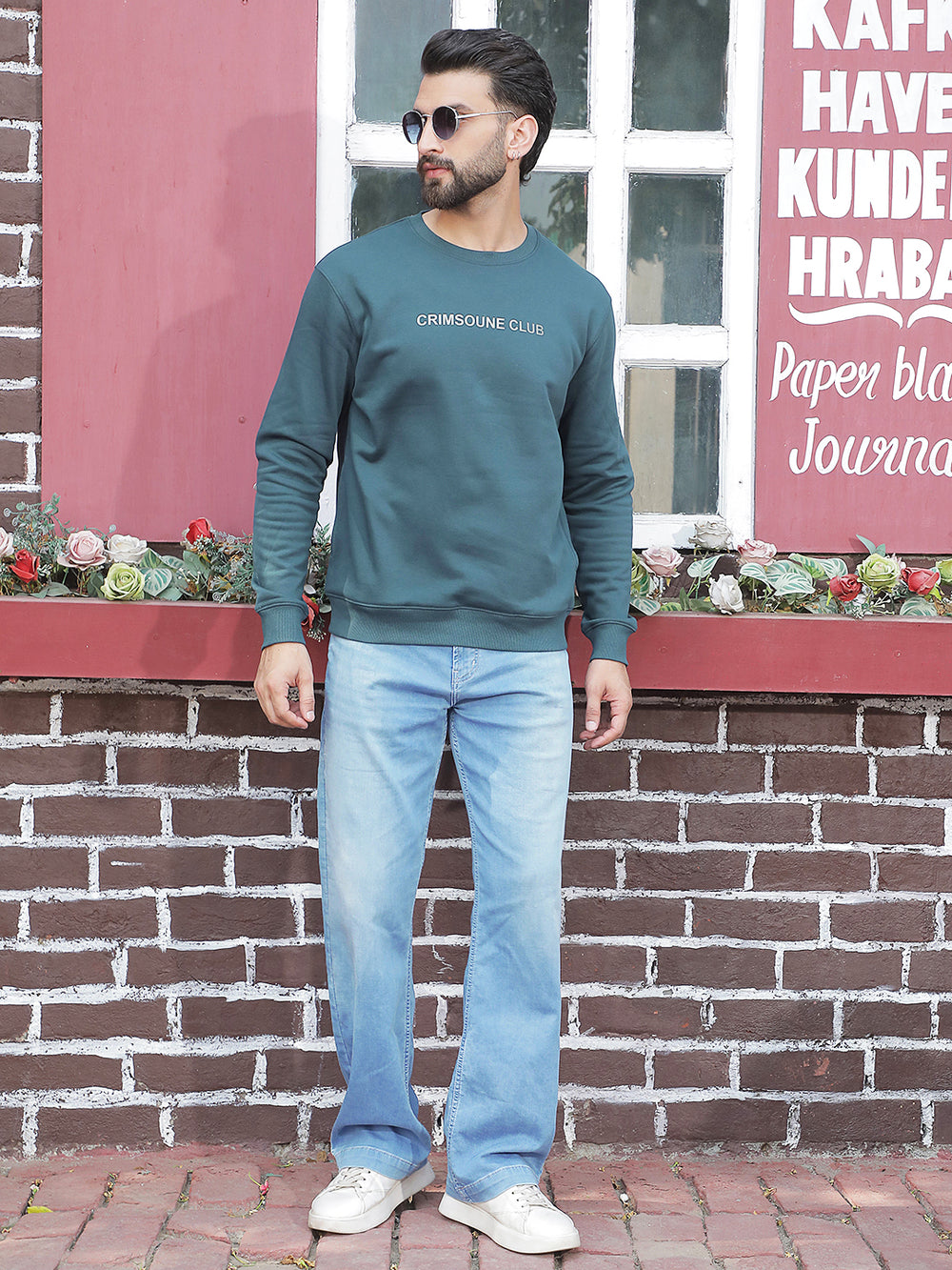 Blue Typographic Print Round Neck Sweatshirt
