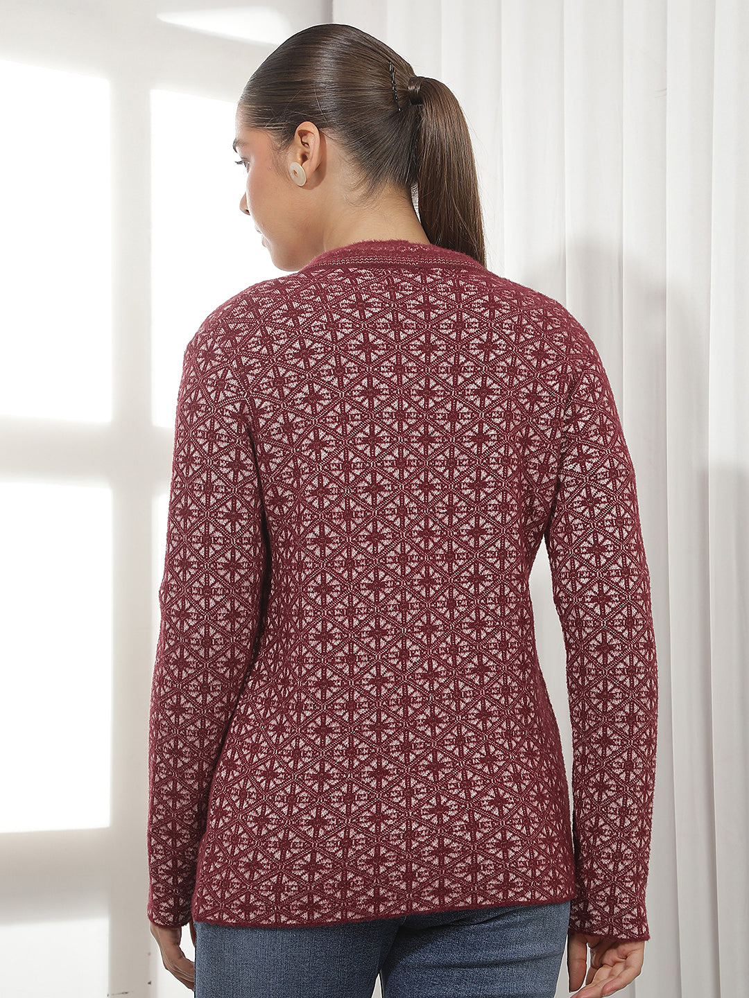 Maroon Geomatric Print V-Neck Cardigan