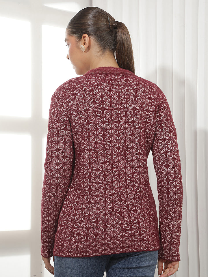 Maroon Geomatric Print V-Neck Cardigan