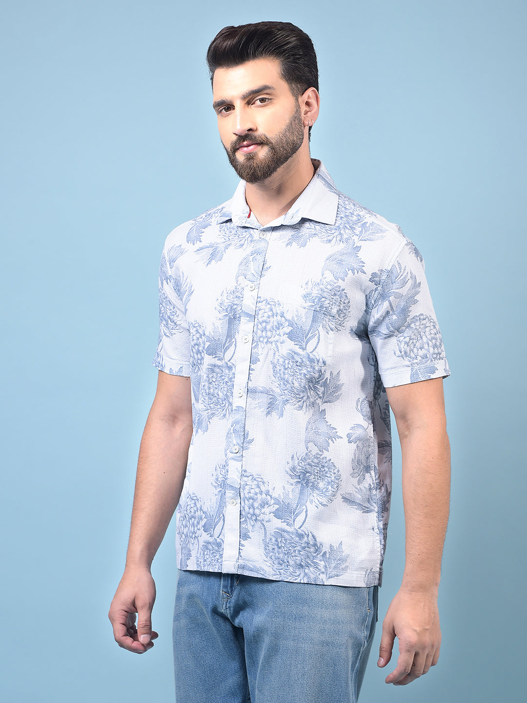 Men's Blue Floral Print 100% Cotton Shirt-Men Shirts-Crimsoune Club