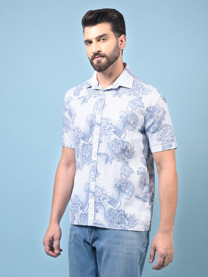 Men's Blue Floral Print 100% Cotton Shirt-Men Shirts-Crimsoune Club