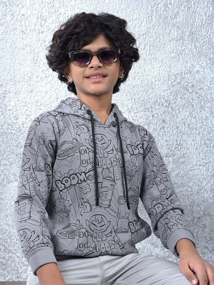 Grey Graphic Print Hooded Neck Sweatshirt