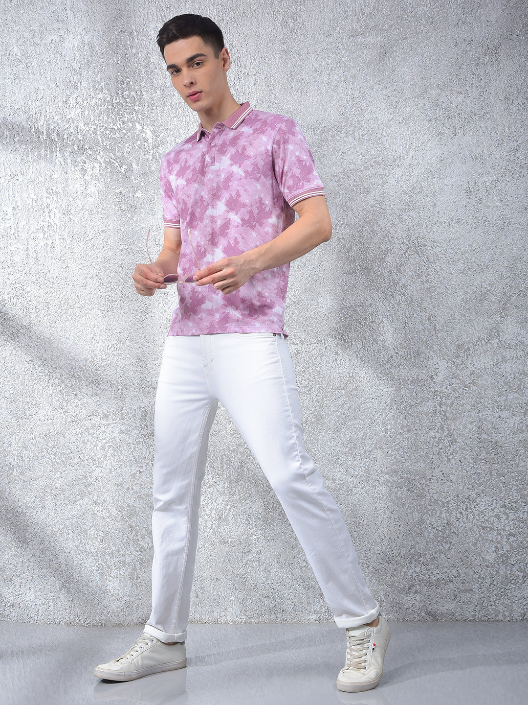 Pink Printed Polo-Neck T-Shirt