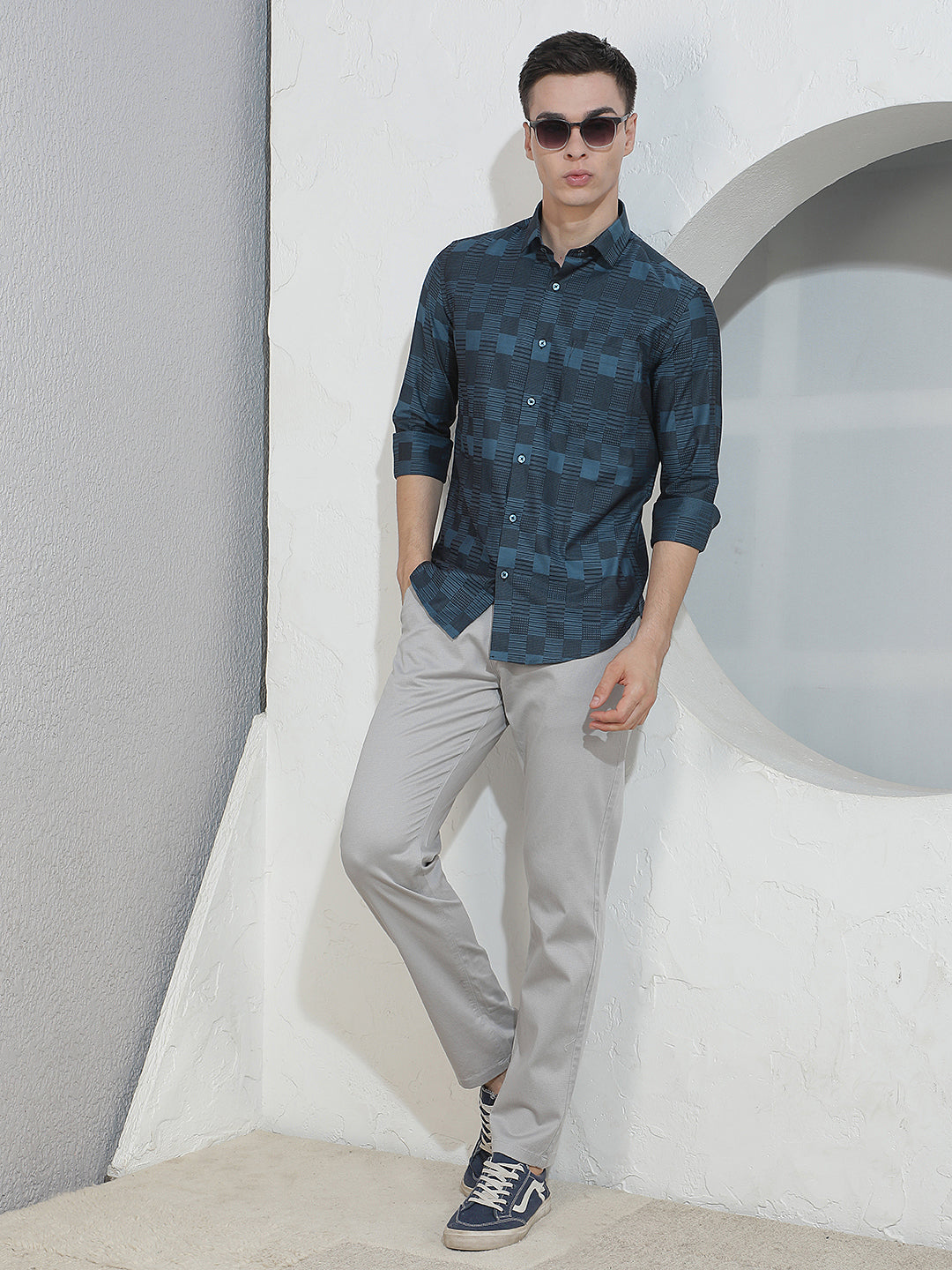 Teal Blue Geometric Print 100% Cotton Shirt