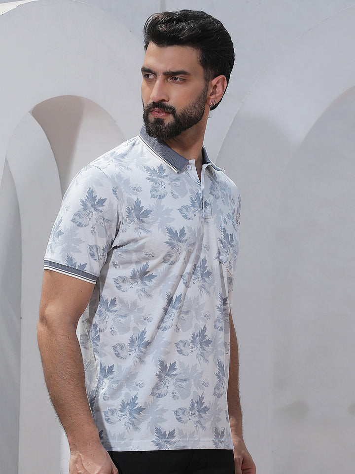 Blue Floral Print Polo Neck T-Shirt