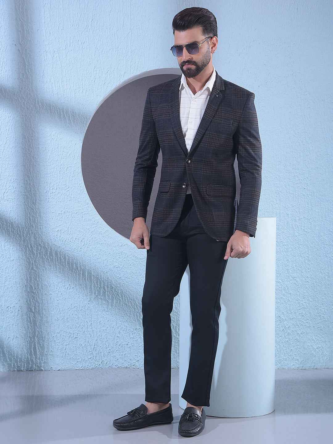 Brown Checked Notched Lapel Single Breasted Blazer