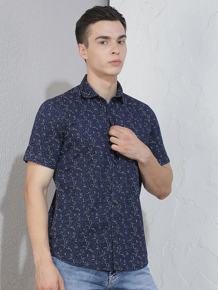 Blue Floral Print 100% Cotton Shirt
