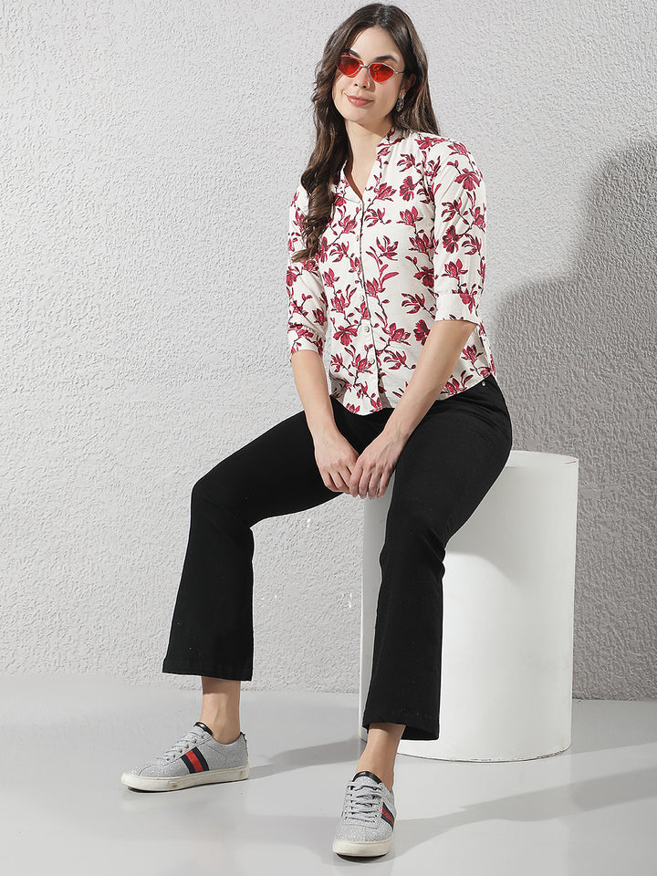 Red Floral Print V-Neck Linen Shirt
