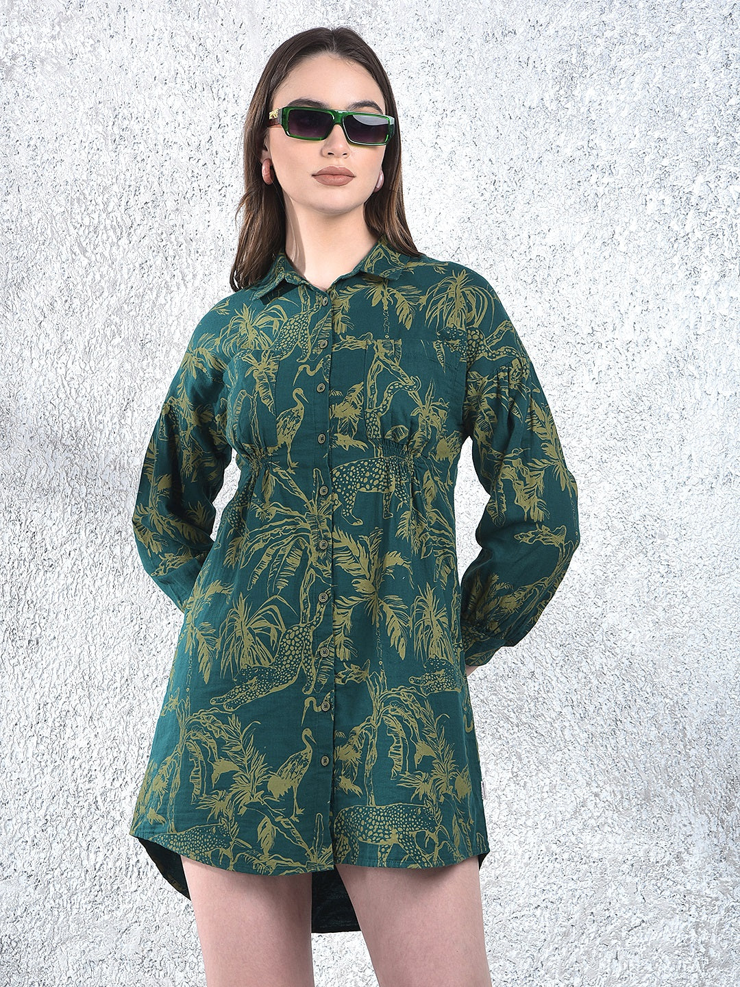 Green Floral Print 100% Cotton Mini Shirt-Dress