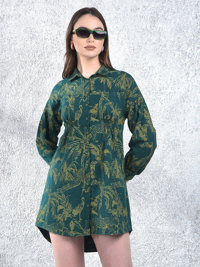 Green Floral Print 100% Cotton Mini Shirt-Dress
