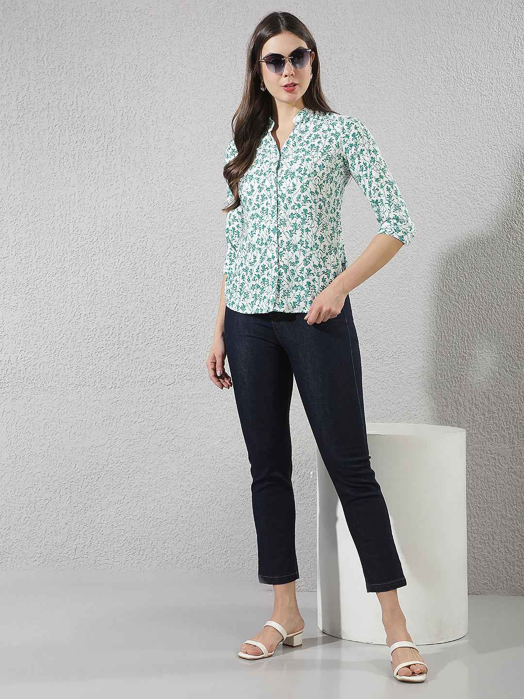 Green Floral Print V-Neck Shirt