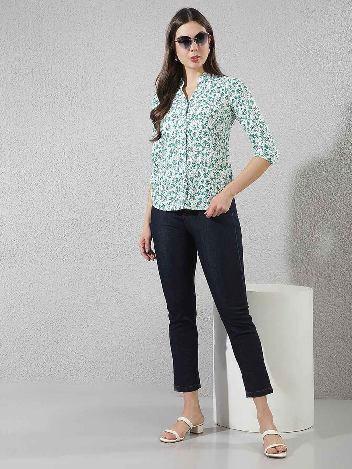 Green Floral Print V-Neck Shirt