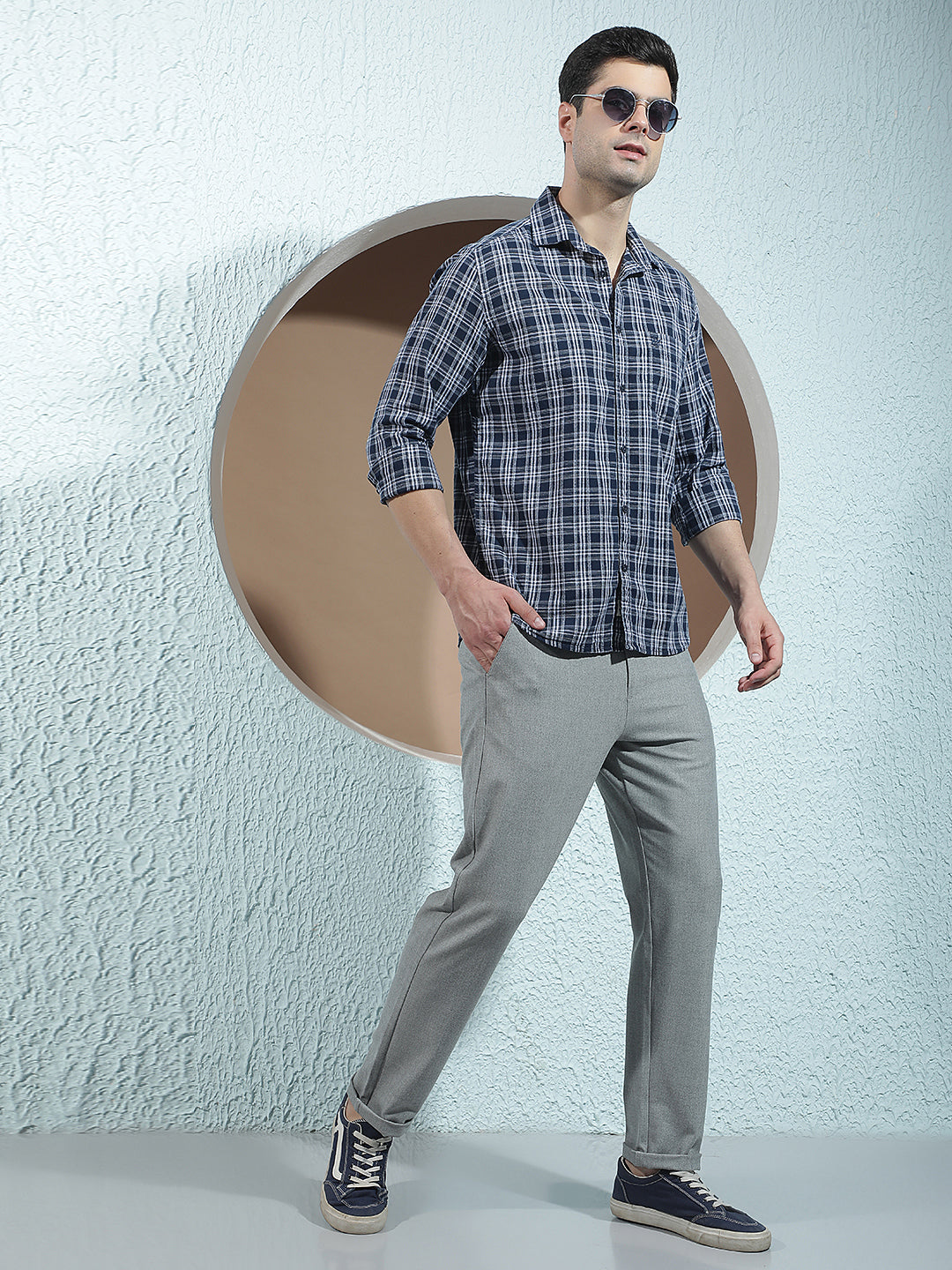 Navy Blue 100% Cotton Checked Shirt
