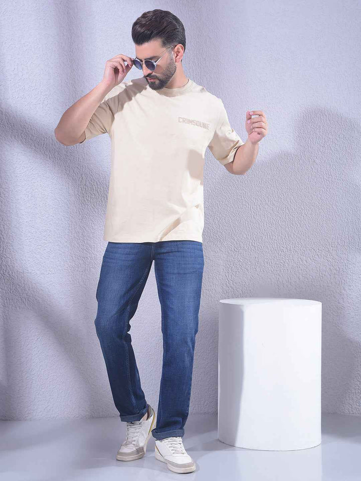 Beige 100% Cotton Oversize Brand Logo T-Shirt