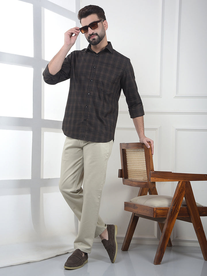 Brown Checked 100% Cotton Shirt